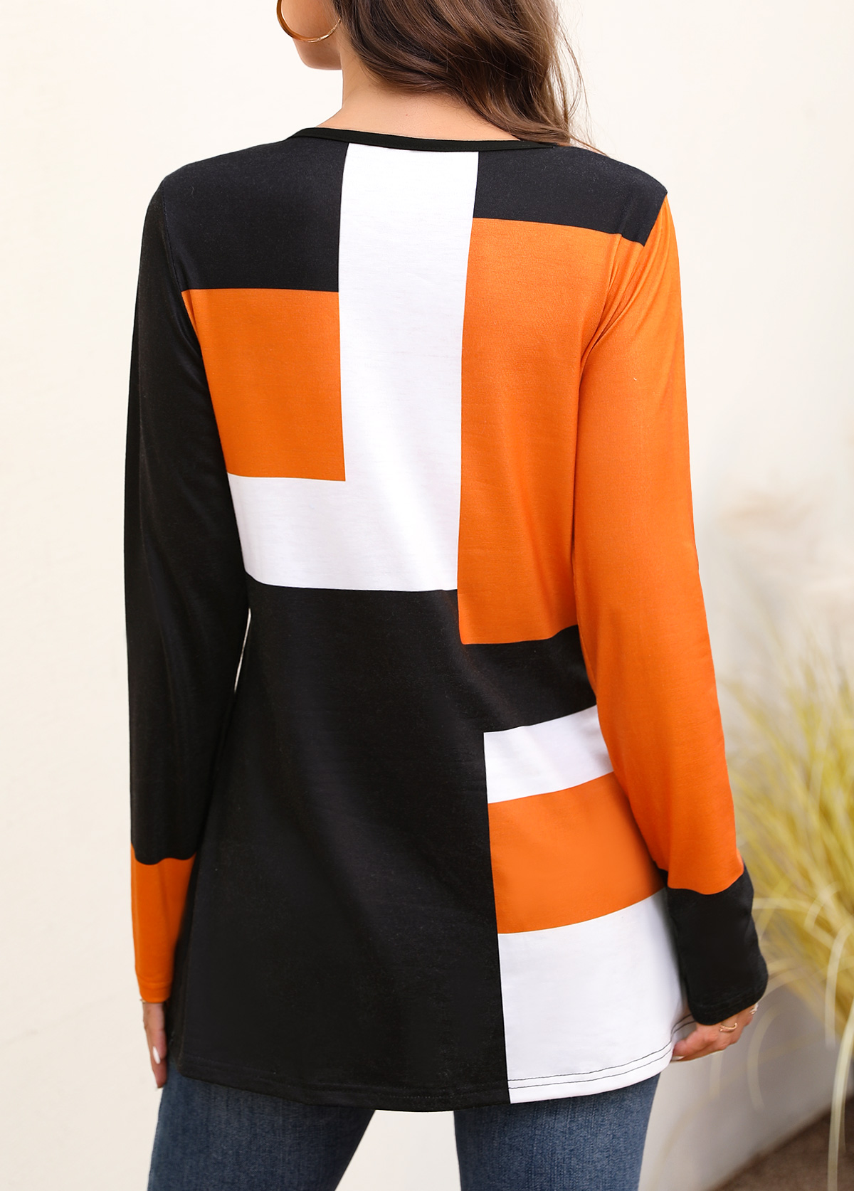 Orange tops,Contrast Color tops,Orange Round Neck Long Sleeve T Shirt