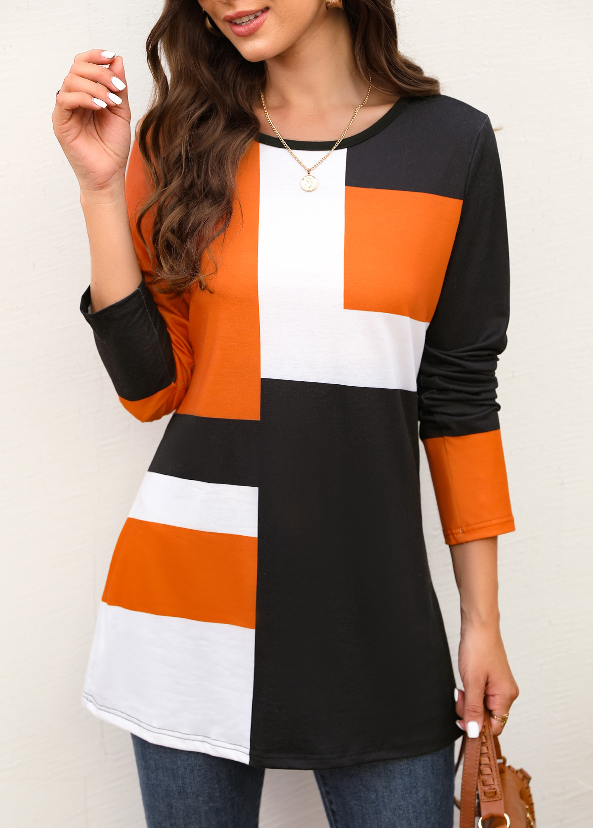 Orange tops,Contrast Color tops,Orange Round Neck Long Sleeve T Shirt