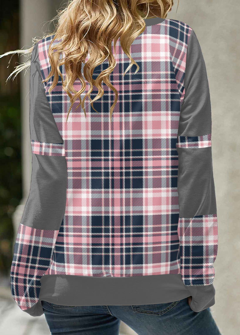 Pink tops,Plaid tops,Striped tops,Geometric tops,ROTITA Tartan Print Pink Cowl Neck Long Sleeve Sweatshirt