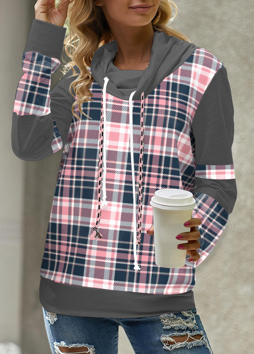 Pink tops,Plaid tops,Striped tops,Geometric tops,ROTITA Tartan Print Pink Cowl Neck Long Sleeve Sweatshirt