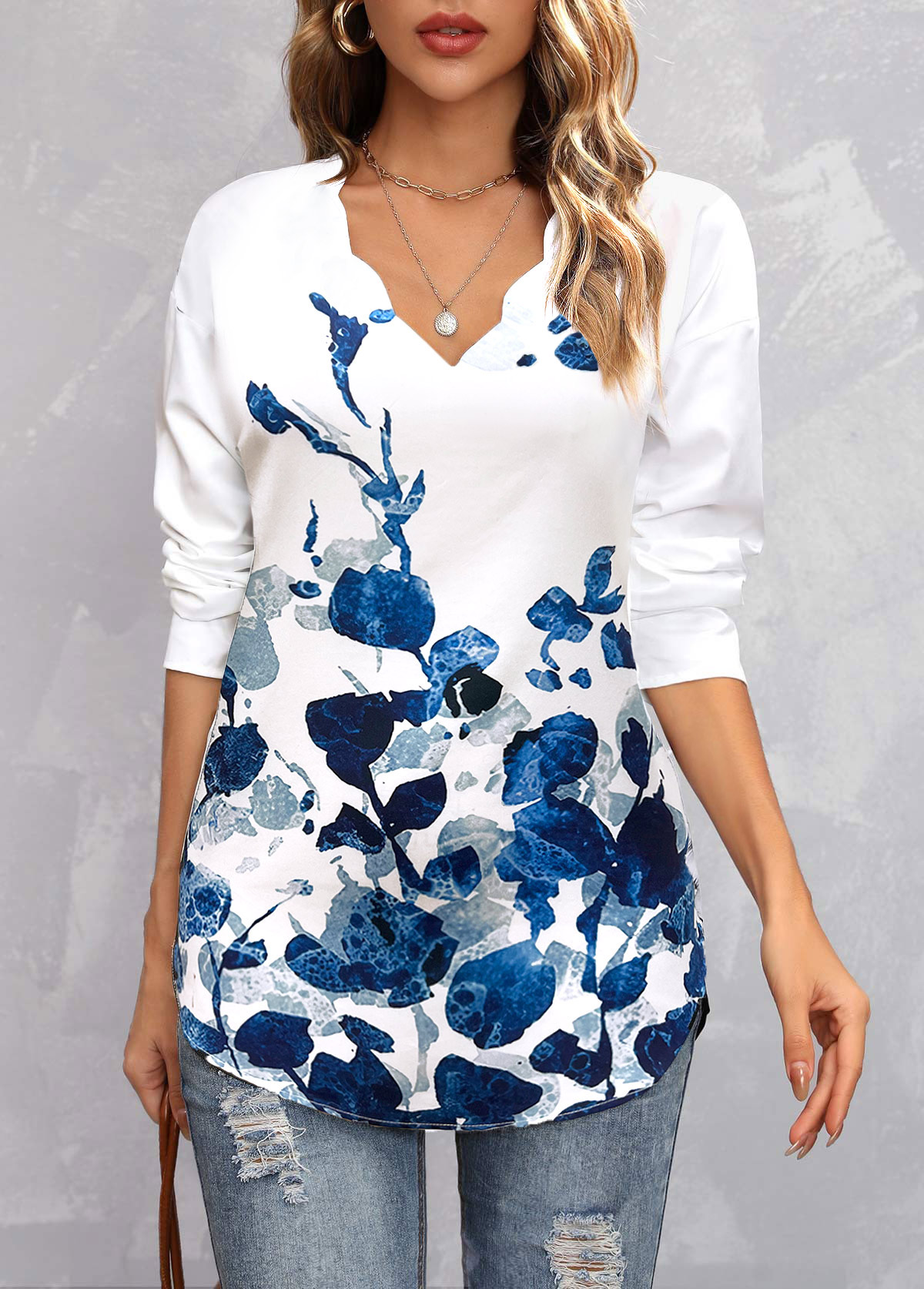 Blue tops,Floral tops,Floral Print Blue V Neck Long Sleeve Blouse