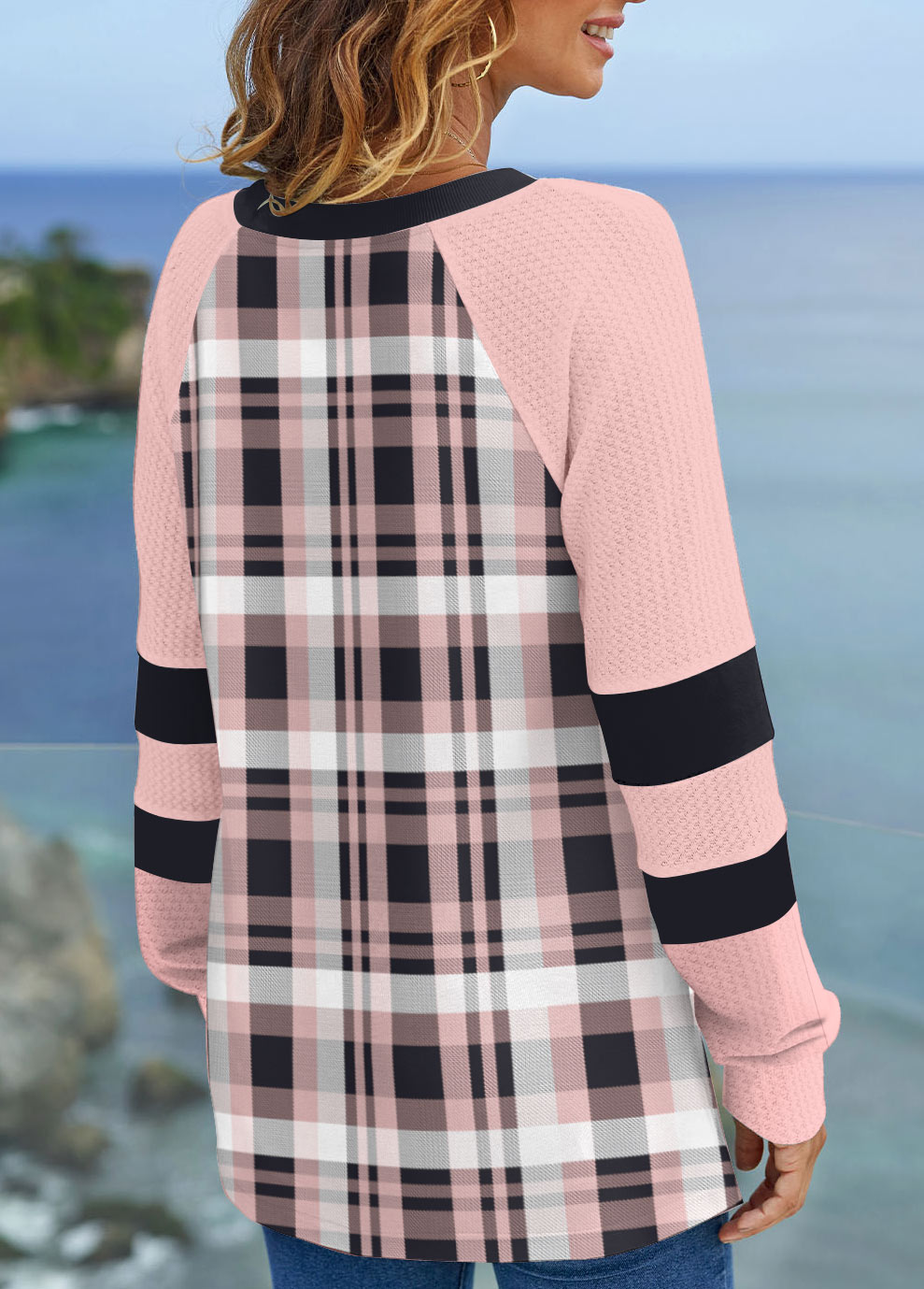 Pink plus size,Plaid plus size,ROTITA Plus Size Pink Tartan Print Split Neck Sweatshirt