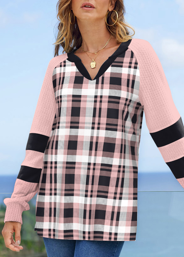 Pink plus size,Plaid plus size,ROTITA Plus Size Pink Tartan Print Split Neck Sweatshirt