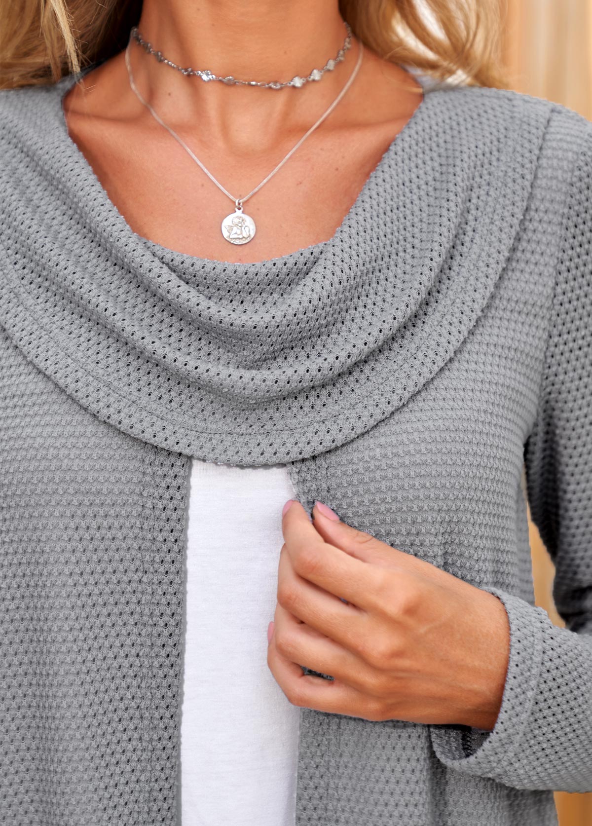 Grey plus size,Plain Color plus size,ROTITA Plus Size Grey Cowl Neck Long Sleeve Sweatshirt