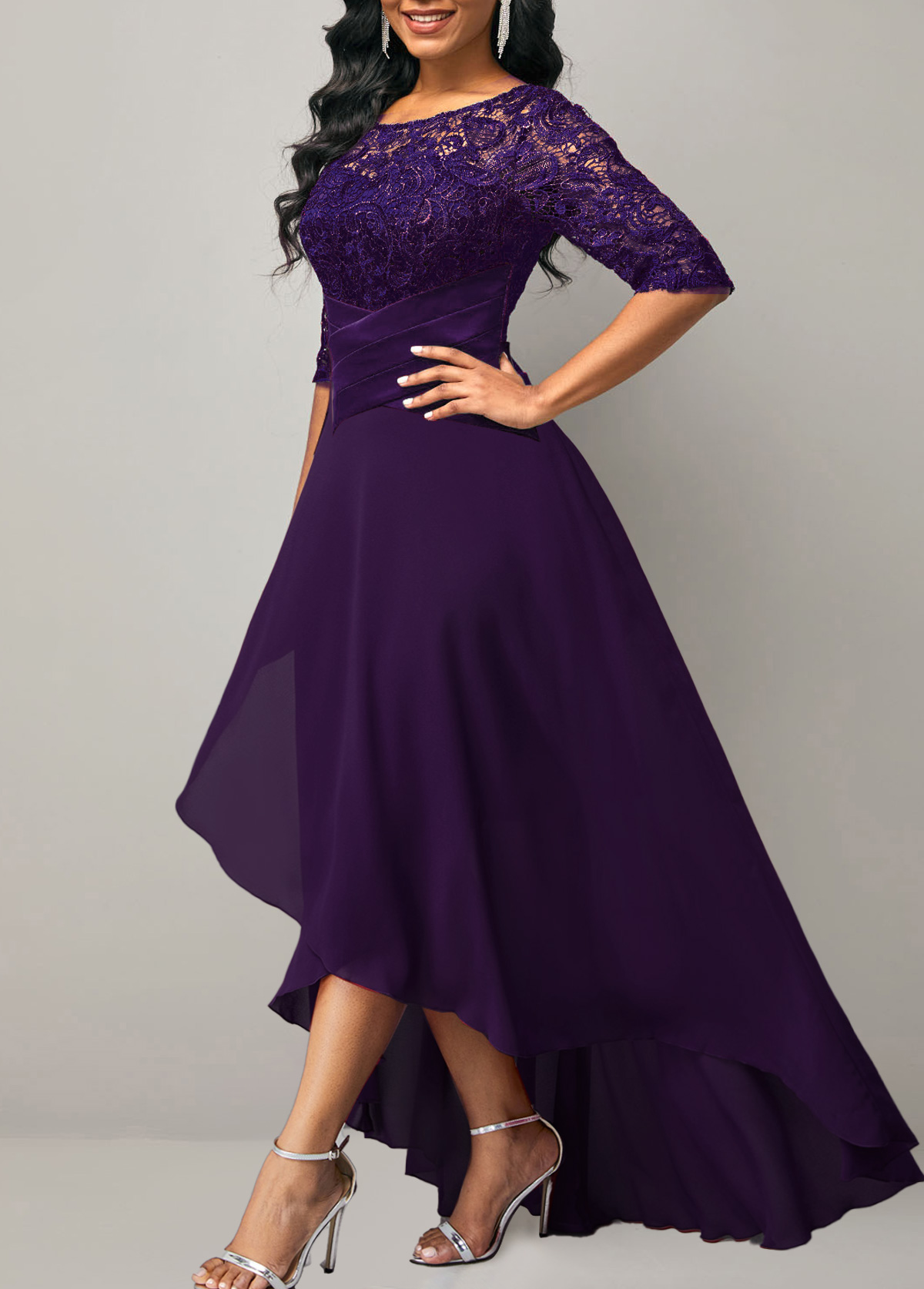 Purple plus size,Plain Color plus size,ROTITA Plus Size Purple High Low X Shape Dress