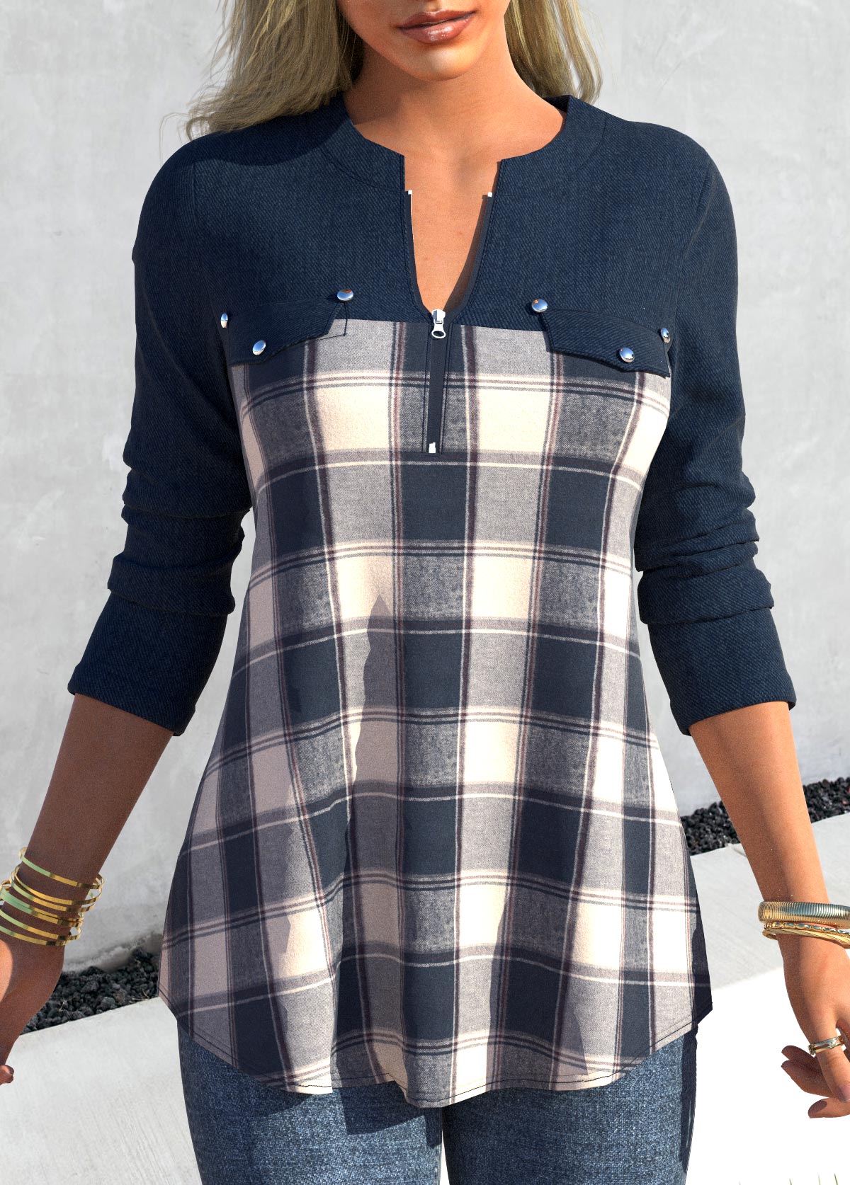 Denim Blue plus size,Plaid plus size,ROTITA Plus Size Denim Blue Tartan Print Blouse