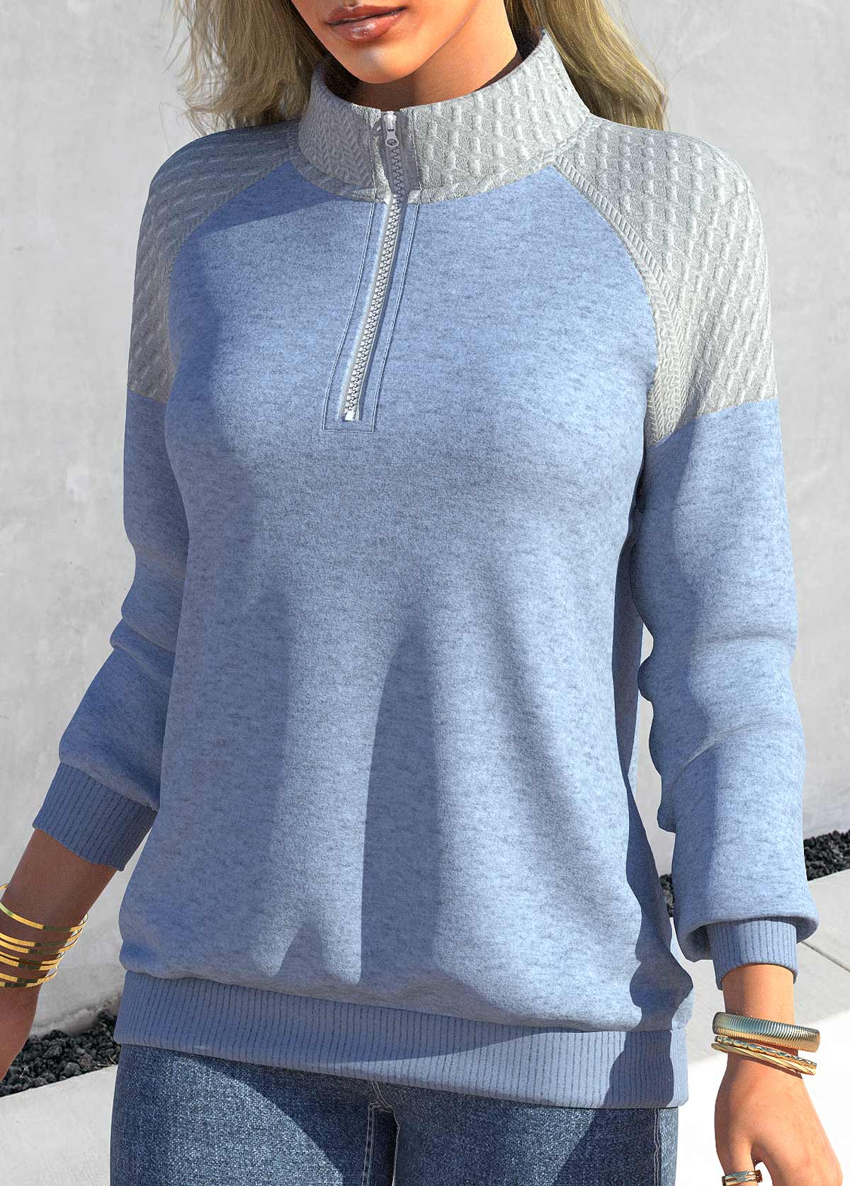 Dusty Blue plus size,Contrast Color plus size,ROTITA Plus Size Dusty Blue Contrast Color Sweatshirt