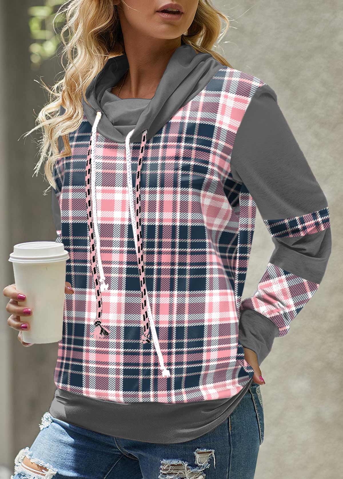 Pink tops,Plaid tops,Striped tops,Geometric tops,ROTITA Tartan Print Pink Cowl Neck Long Sleeve Sweatshirt
