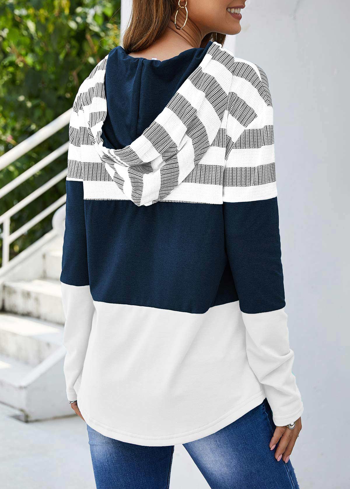 White tops,Striped tops,ROTITA Drawstring White Stripe Print Long Sleeve Hoodie