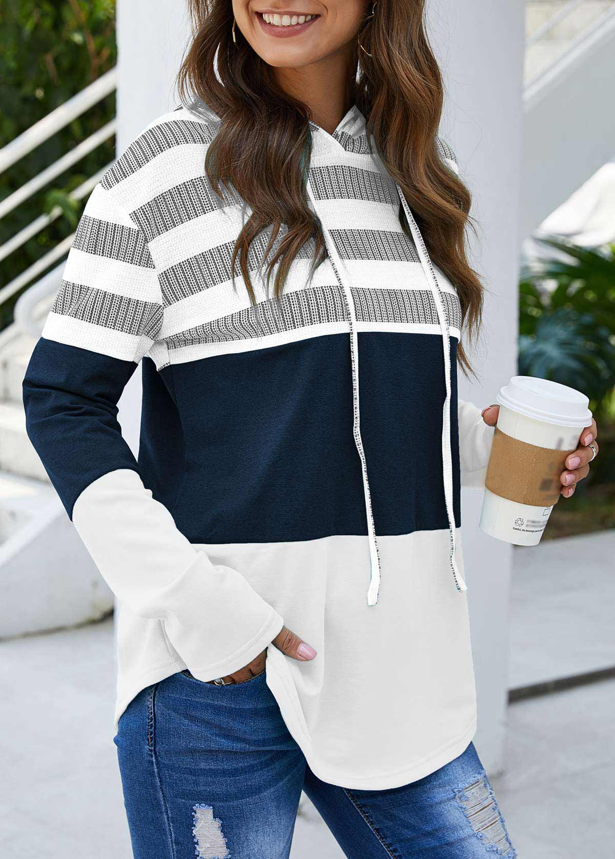 White tops,Striped tops,ROTITA Drawstring White Stripe Print Long Sleeve Hoodie