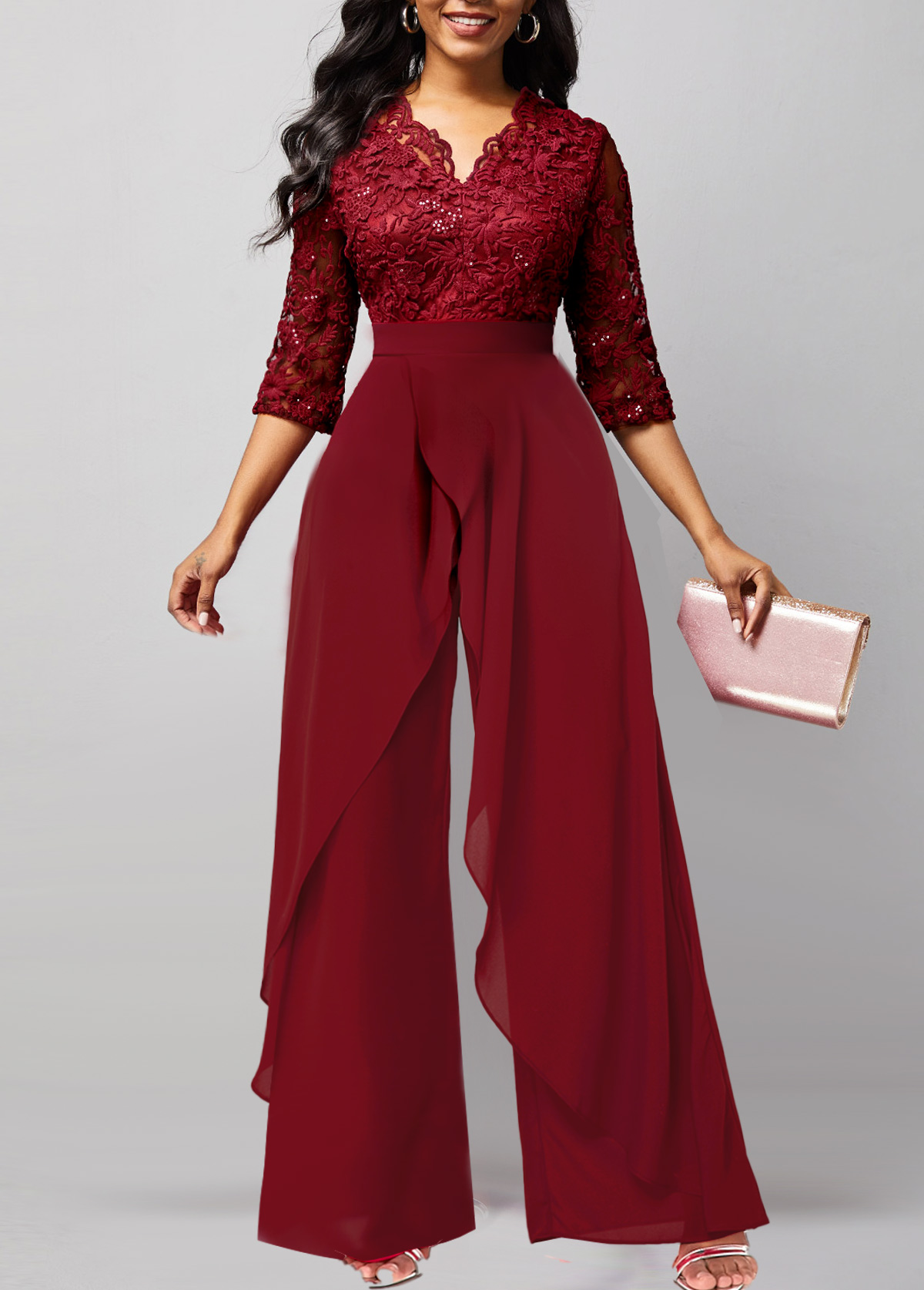 ROTITA Lace Patchwork Wine Red Long Wide Leg Jumpsuit
