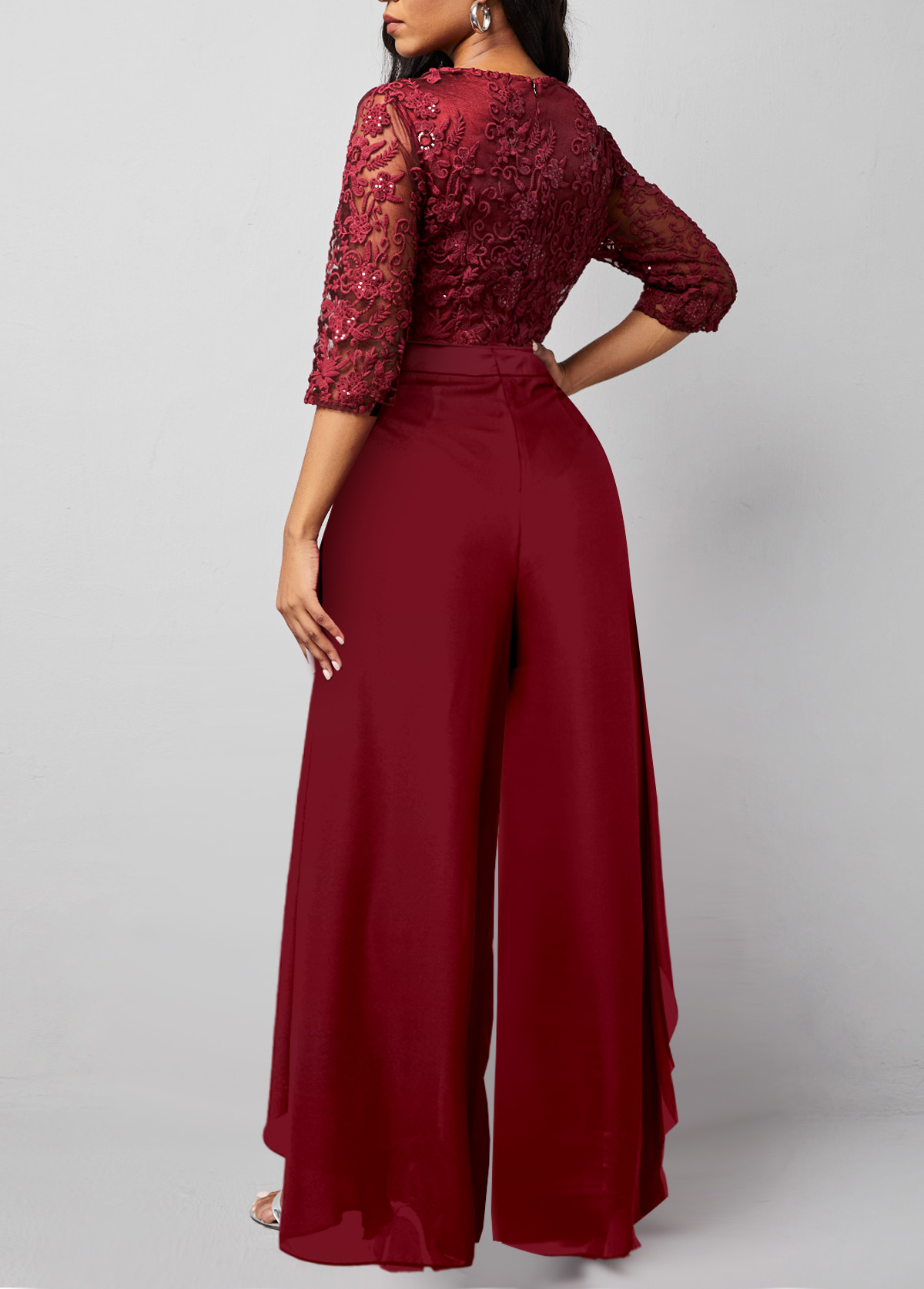 Wine Red jumpsuits & rompers,Plain Color jumpsuits & rompers,ROTITA Lace Patchwork Wine Red Long Wide Leg Jumpsuit