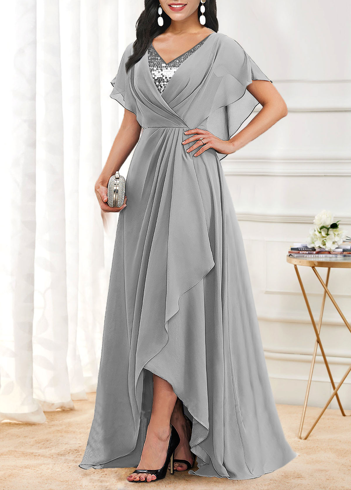 ROTITA Sequin Grey X Shape V Neck Maxi Dress