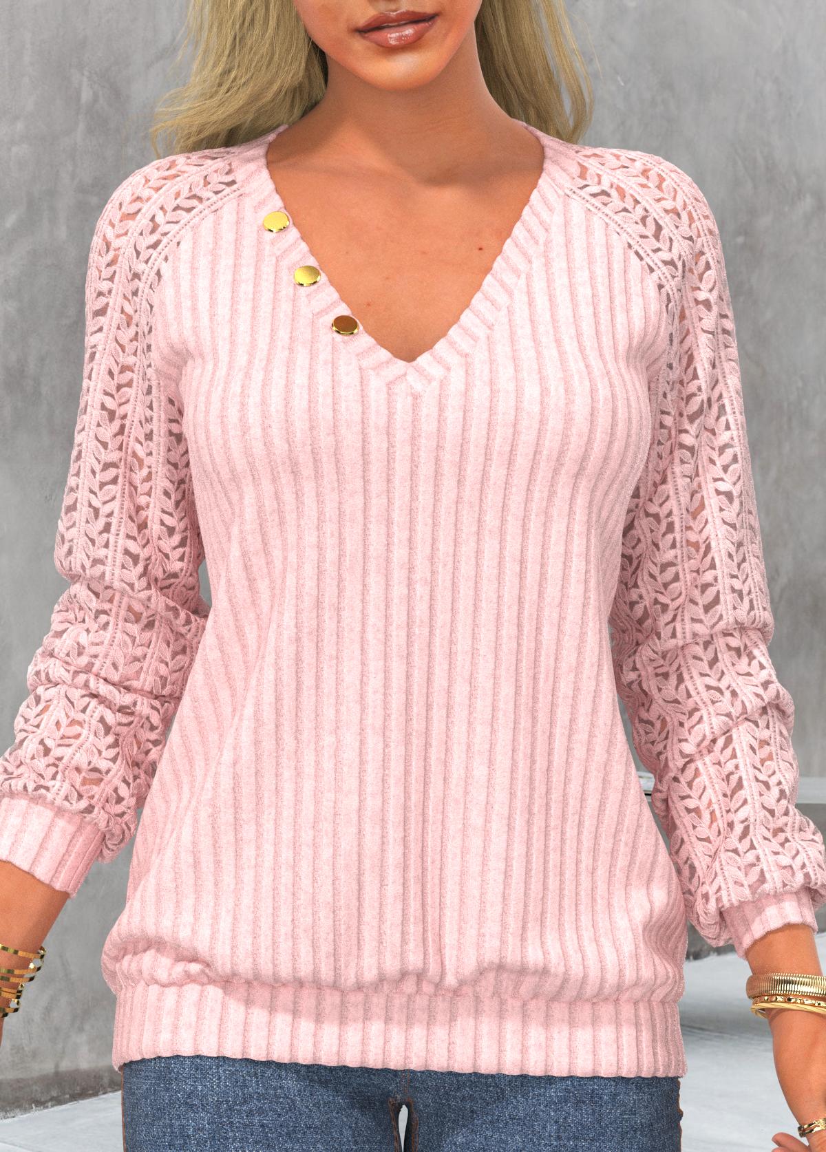 Light Pink tops,Plain Color tops,ROTITA Light Pink V Neck Long Sleeve Sweatshirt