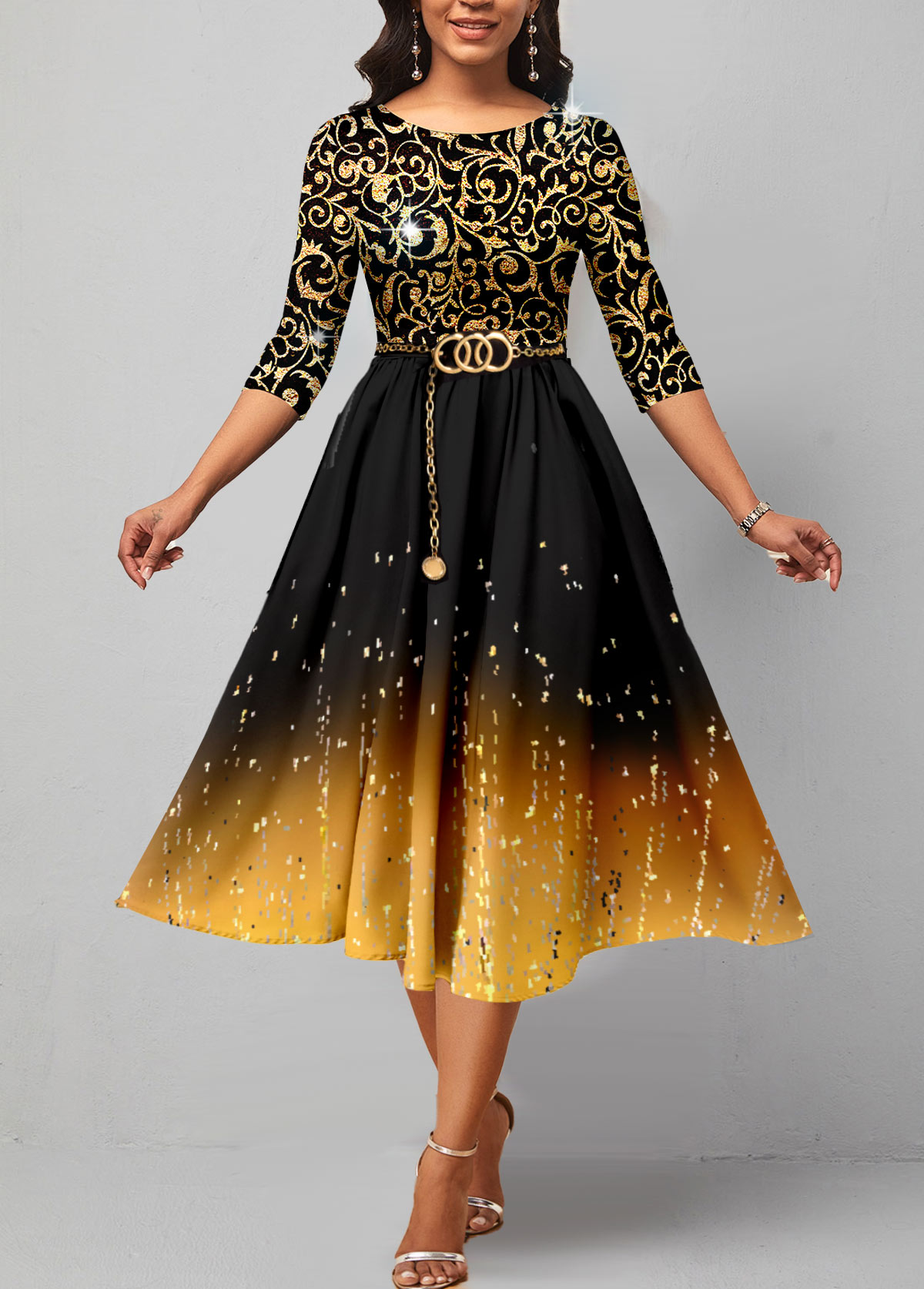 ROTITA Golden Hot Stamping 3/4 Sleeve Ombre Dress