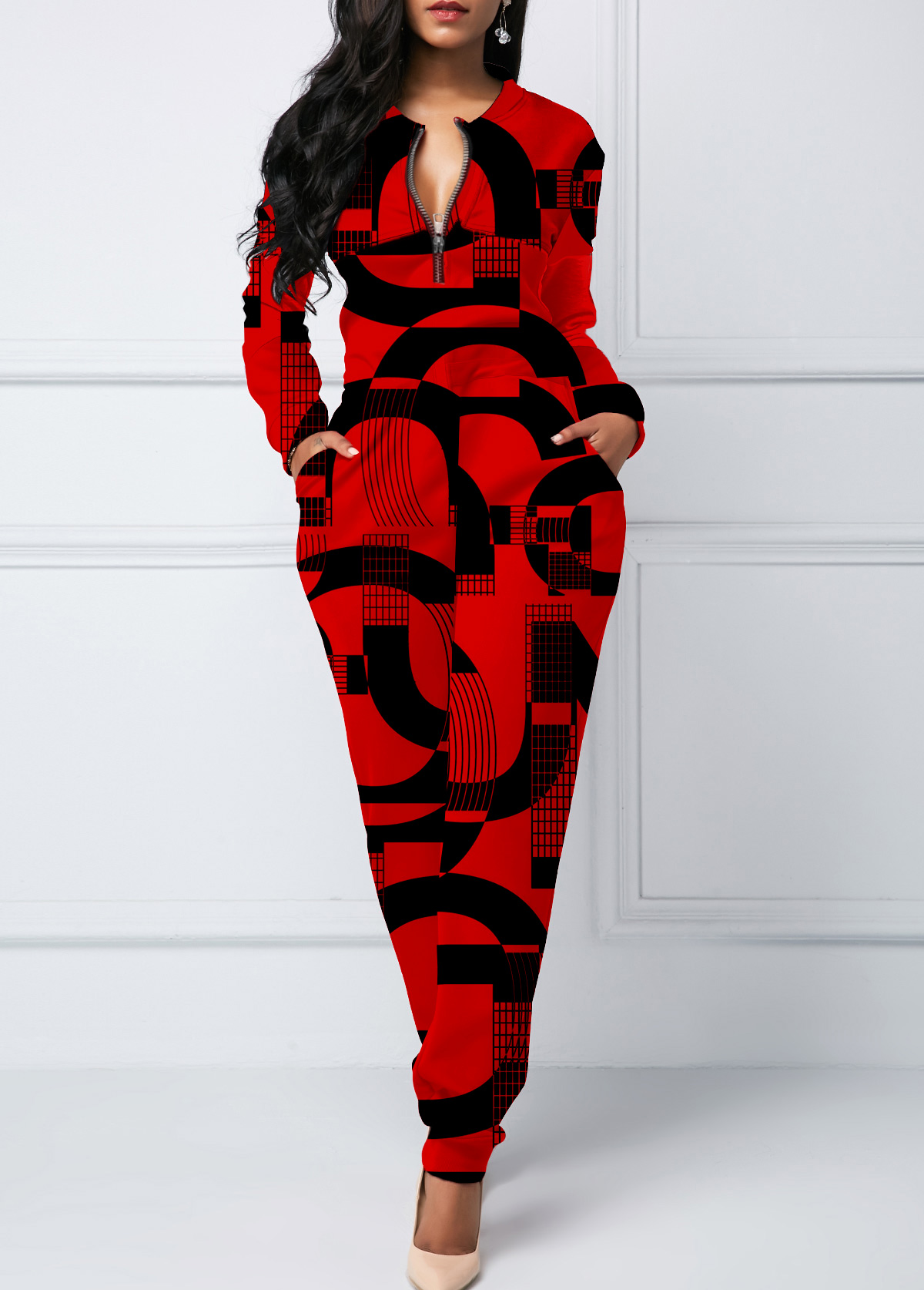 Red jumpsuits & rompers,Letter jumpsuits & rompers,ROTITA Letter Print Red Jogger Double Side Pockets Jumpsuit