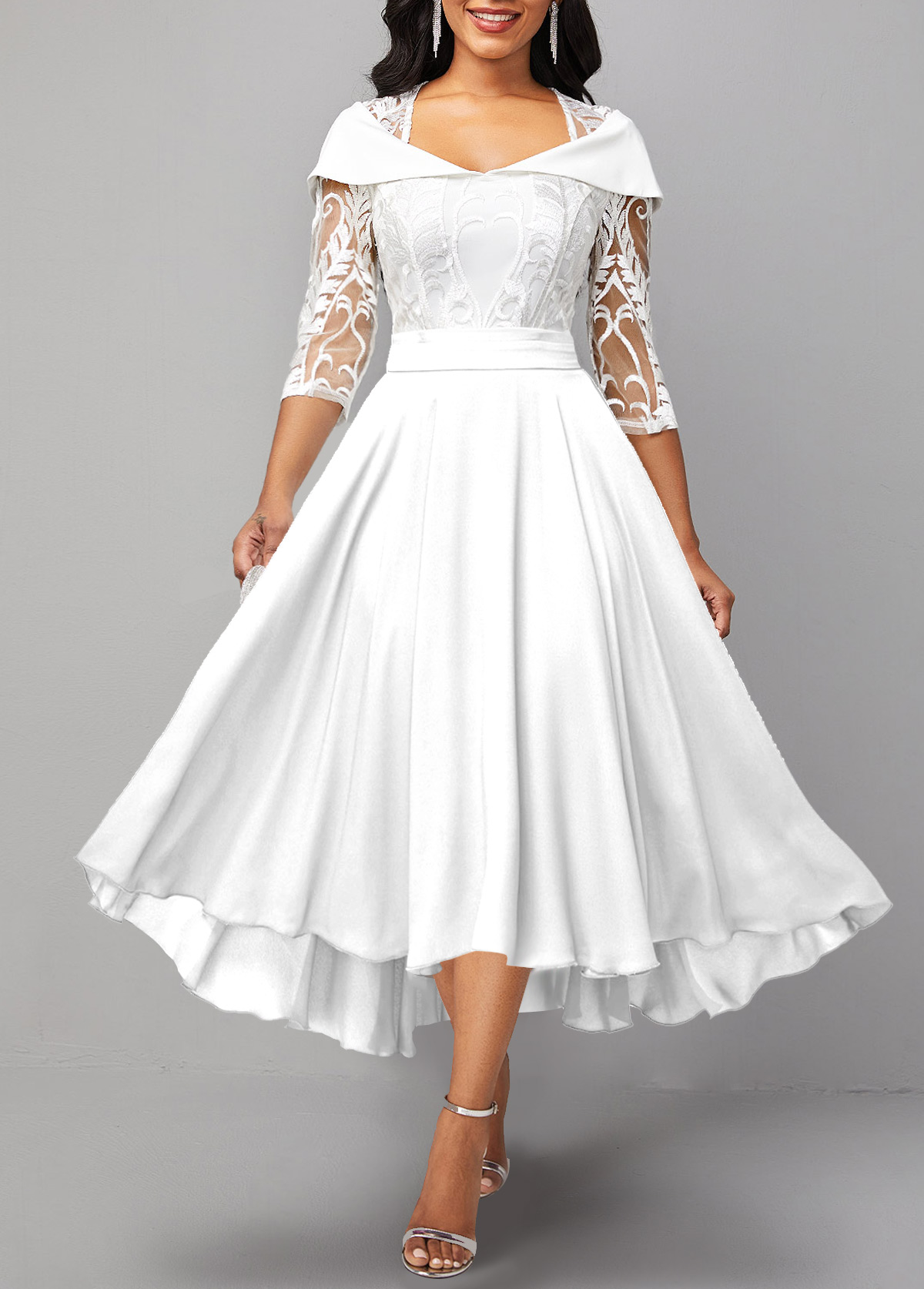 White dresses,Plain Color dresses,ROTITA Lace Patchwork White X Shape Midi Dress