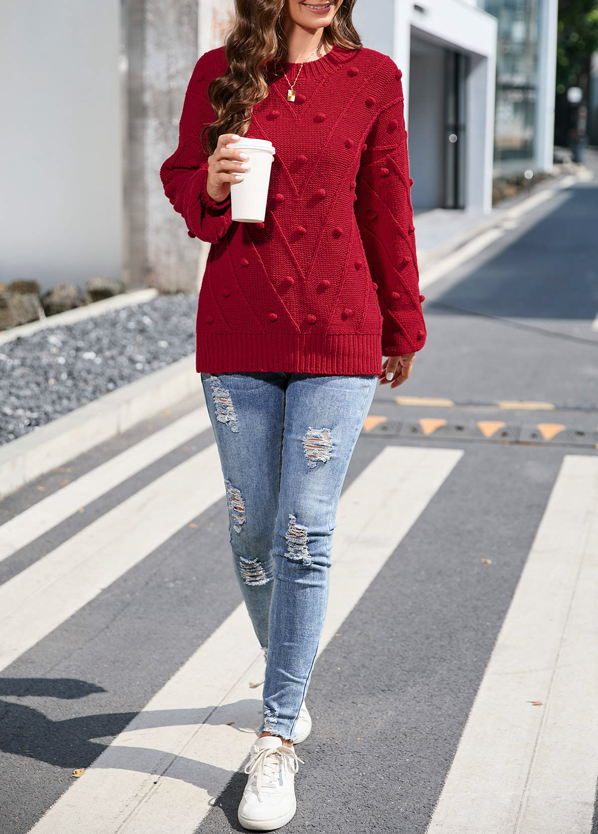Red tops,Plain Color tops,Round Neck Long Sleeve Red Sweater