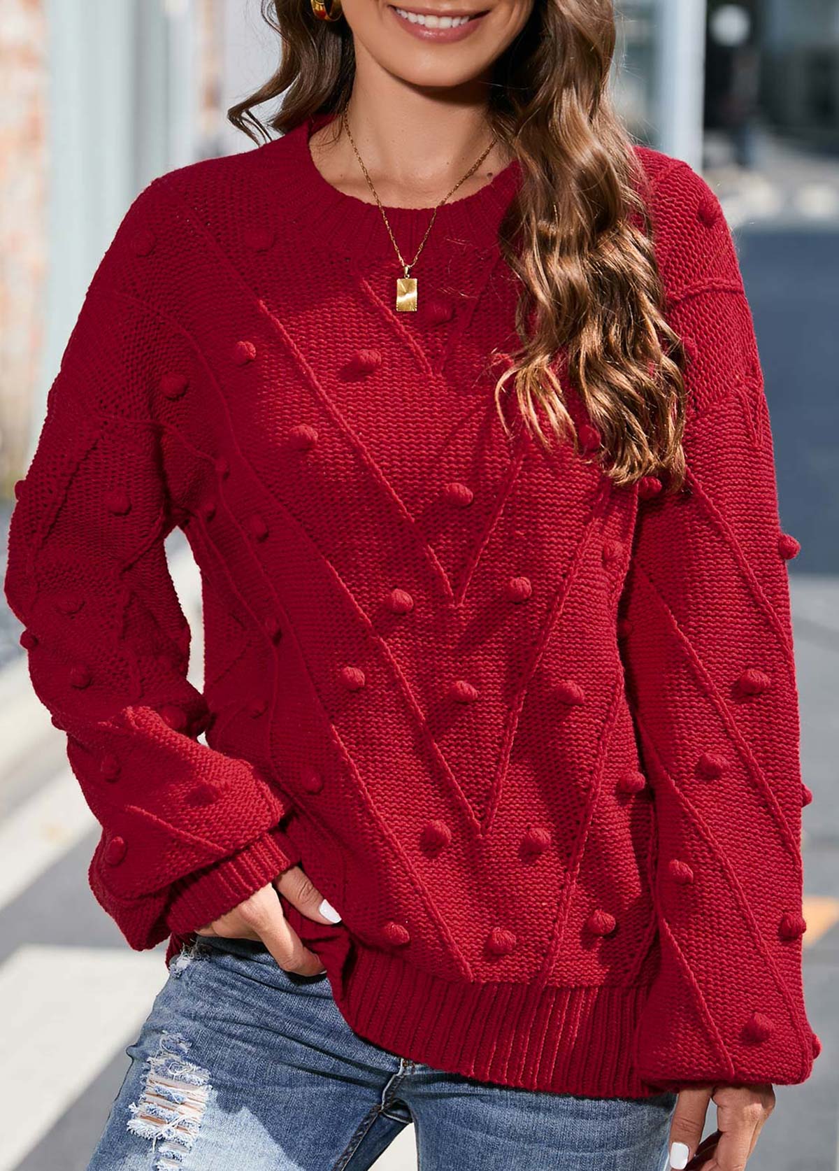 Red tops,Plain Color tops,Round Neck Long Sleeve Red Sweater