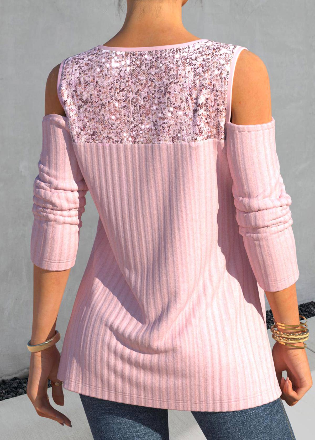 Light Pink tops,Plain Color tops,ROTITA Sequin Light Pink Heart Collar T Shirt