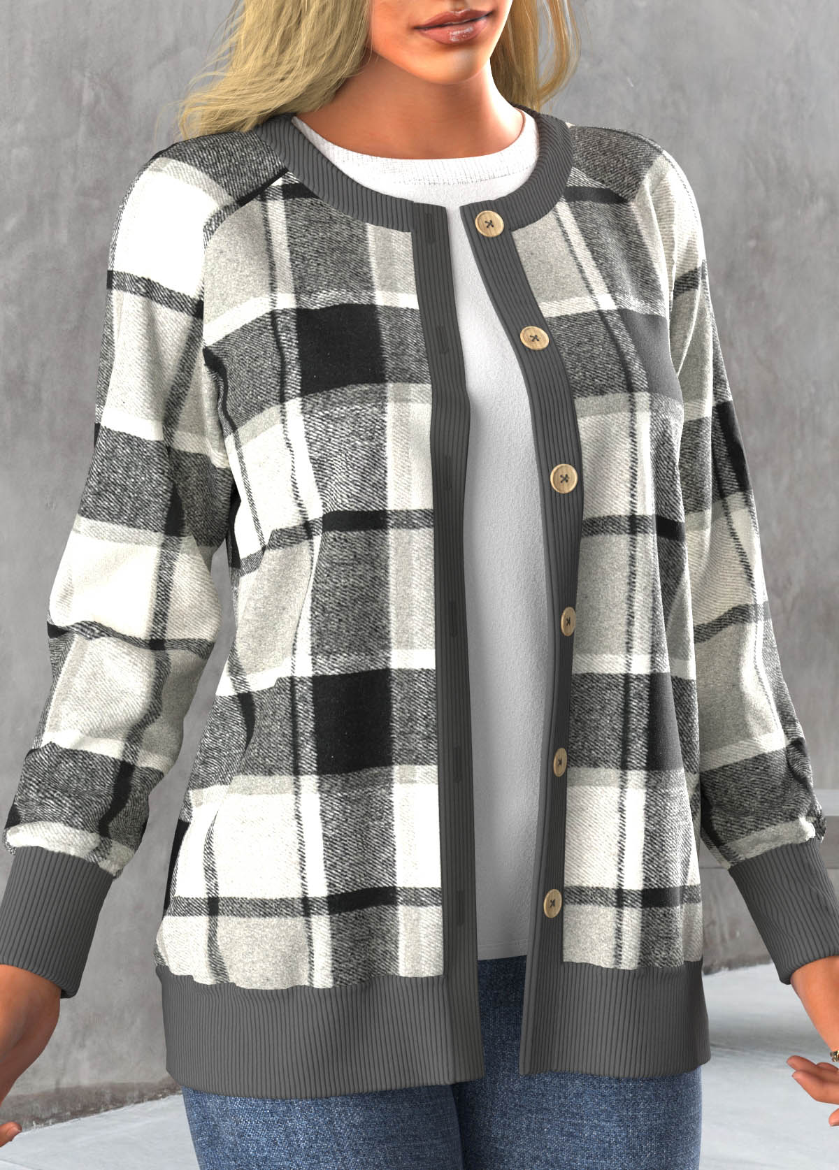 Dark Grey outerwear & coats,Plaid outerwear & coats,ROTITA Button Tartan Print Dark Grey Round Neck Coat