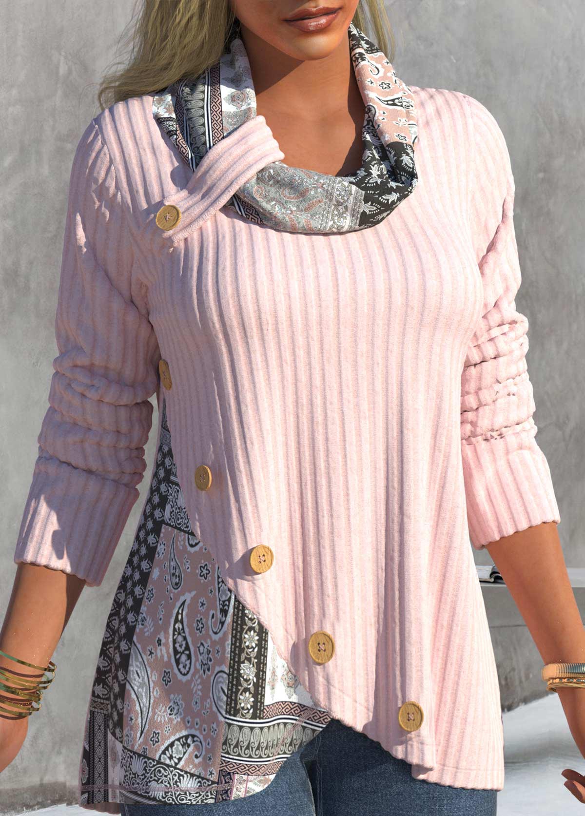 Light Pink plus size,Paisley plus size,ROTITA Plus Size Light Pink Paisley Print Sweatshirt