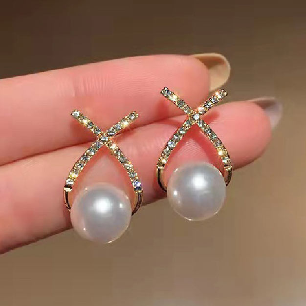 Cross Pearl Design Rhinestone Gold Earrings