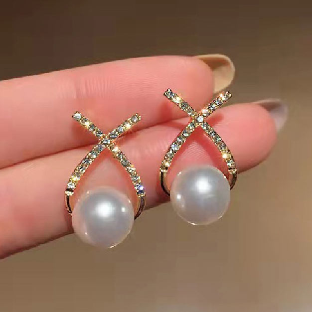 Gold jewelry,Cross Pearl Design Rhinestone Gold Earrings