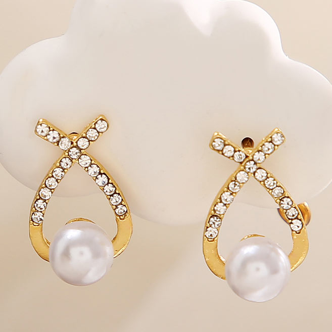 Gold jewelry,Cross Pearl Design Rhinestone Gold Earrings
