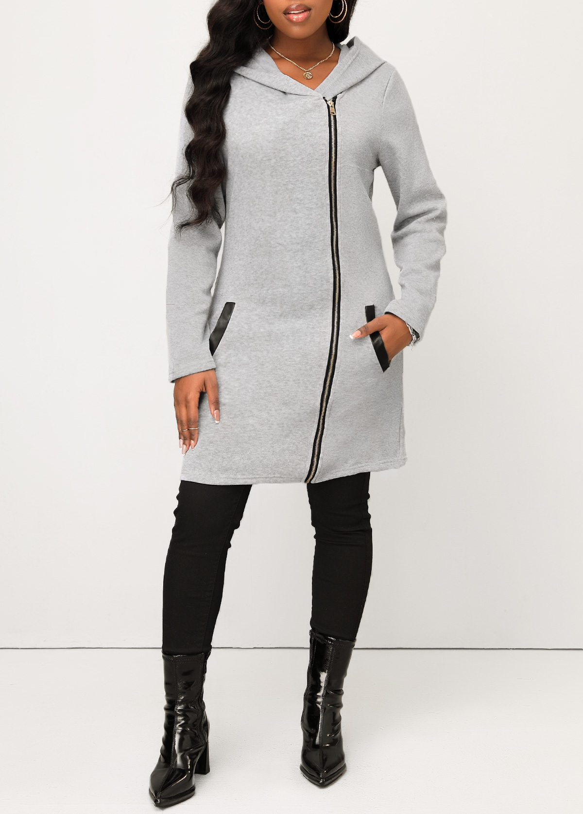 Grey tops,Plain Color tops,Pocket Grey Zipper Long Sleeve Hoodie