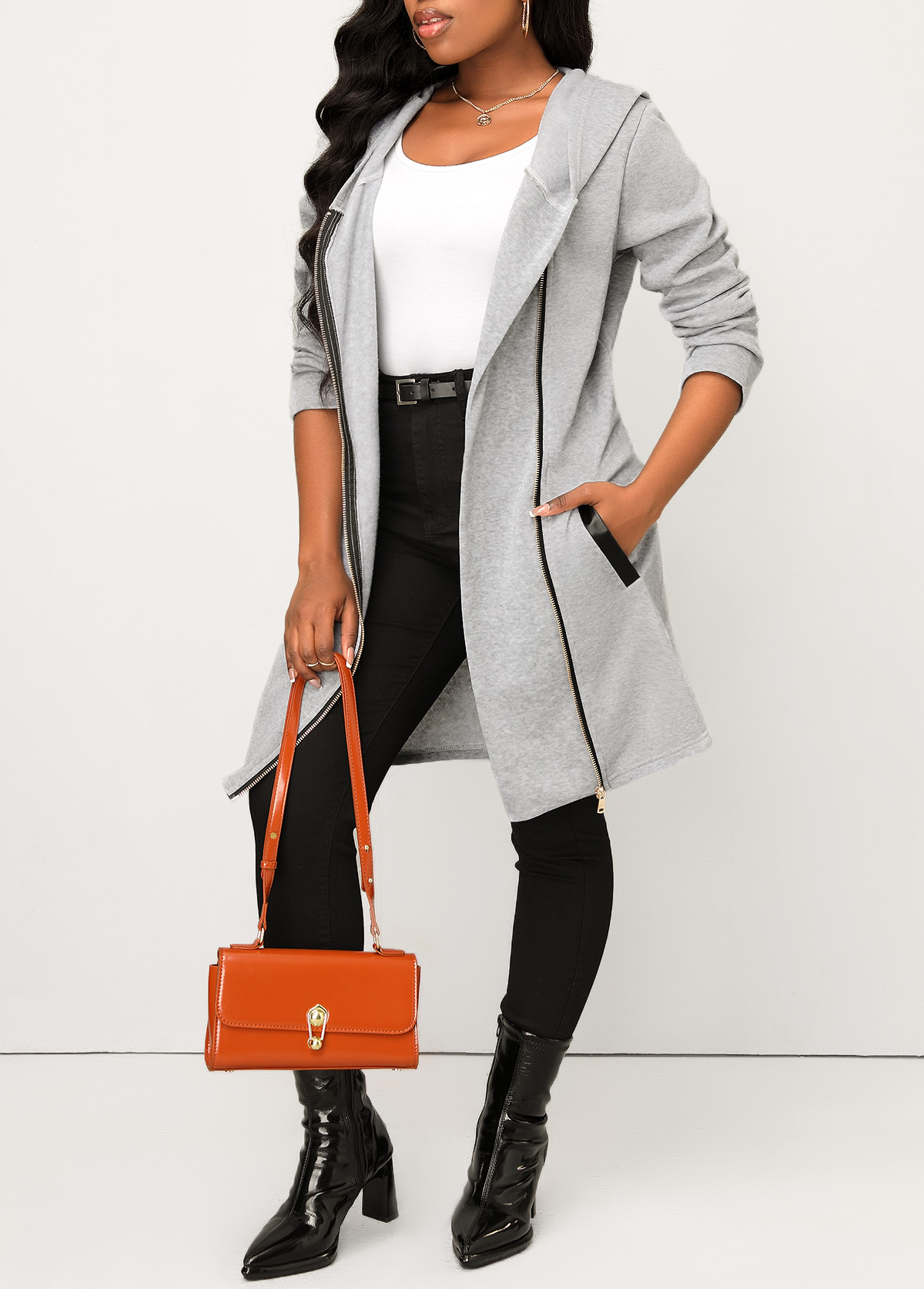 Grey tops,Plain Color tops,Pocket Grey Zipper Long Sleeve Hoodie