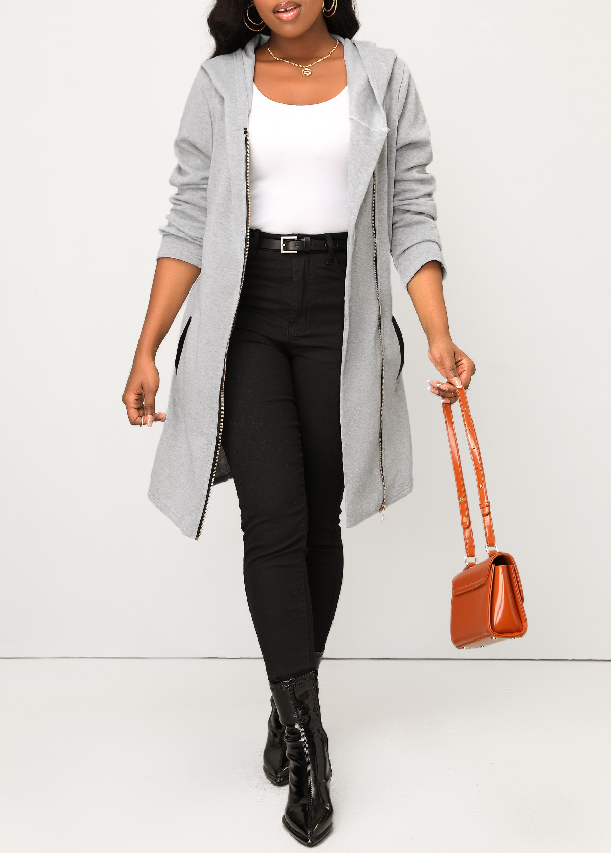 Grey tops,Plain Color tops,Pocket Grey Zipper Long Sleeve Hoodie