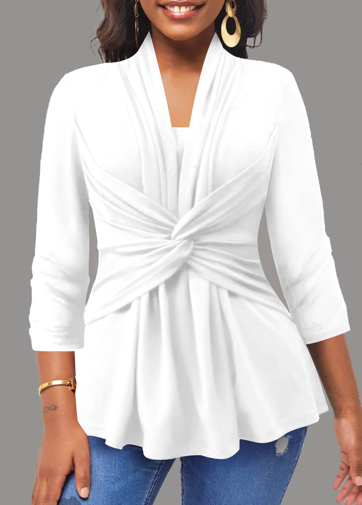 ROTITA White 3/4 Sleeve Twist T Shirt