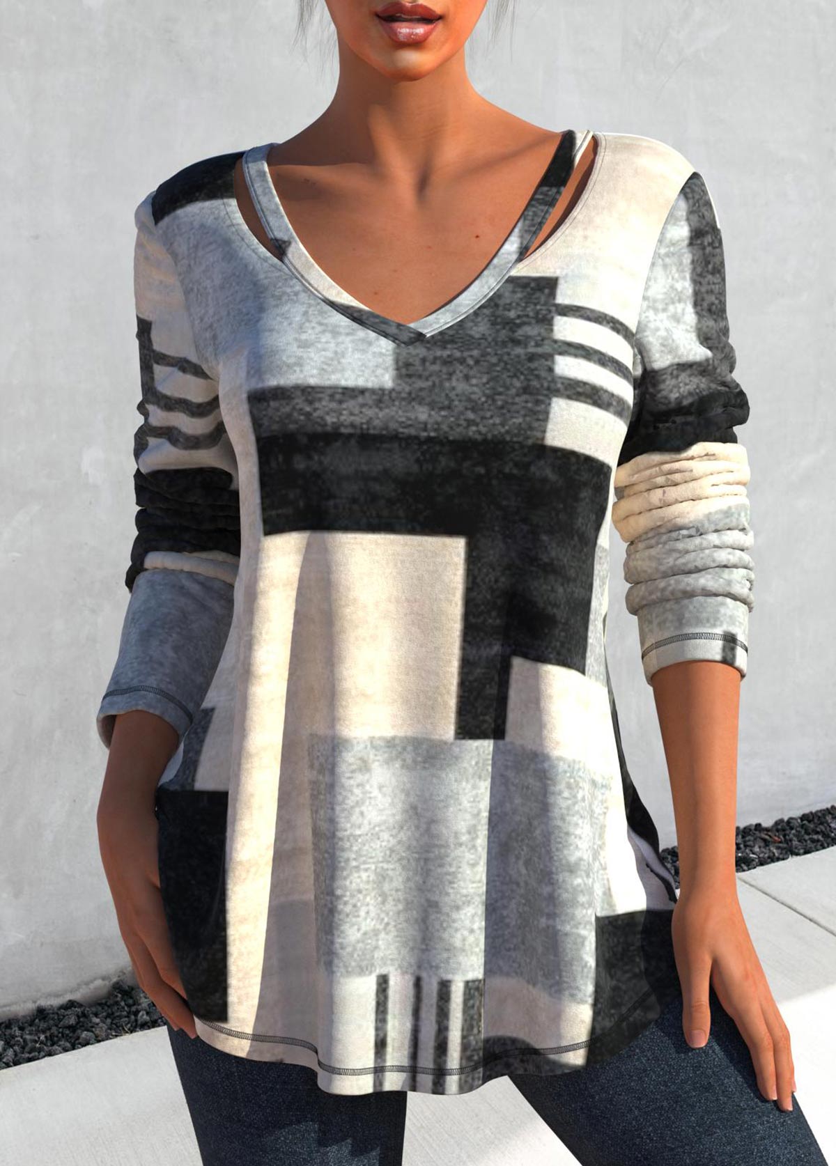 Grey tops,Geometric tops,ROTITA Cut Out Geometric Print Grey T Shirt