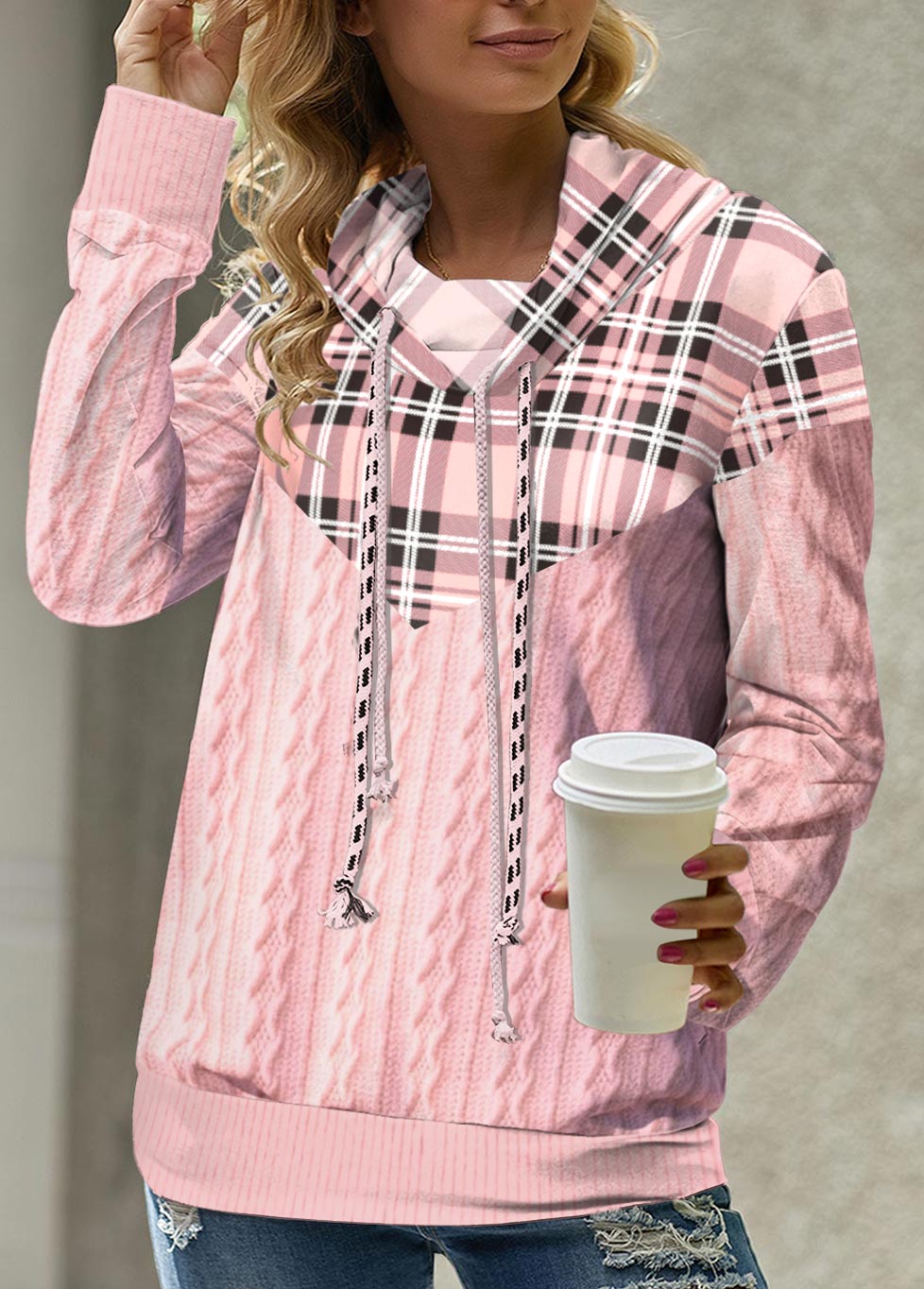 Pink plus size,Plaid plus size,ROTITA Plus Size Pink Tartan Print Cowl Neck Sweatshirt