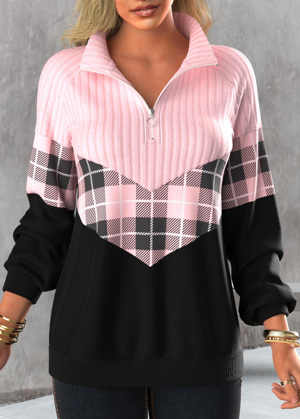 ROTITA Zipper Tartan Print Light Pink Stand Collar Sweatshirt