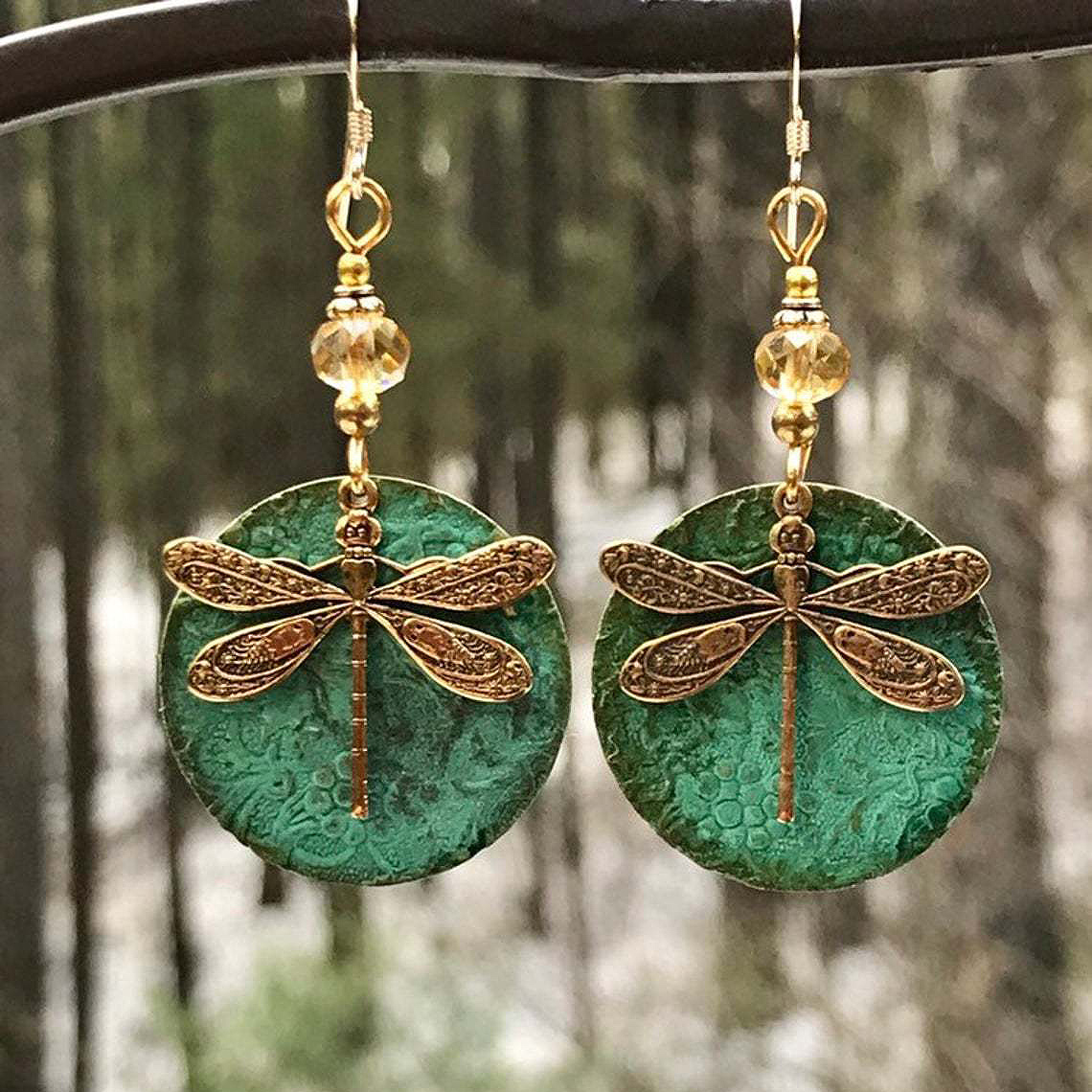 Turquoise Dragonfly Design Bronze Round Earrings