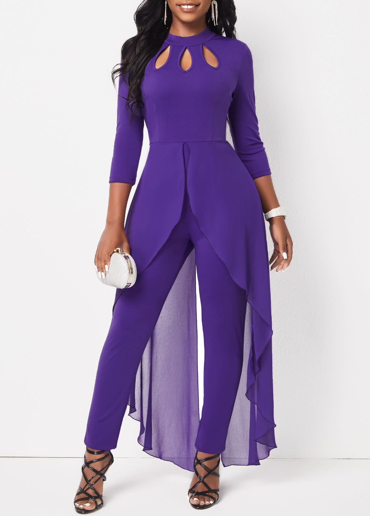 ROTITA Cage Neck Purple 3/4 Sleeve Jumpsuit