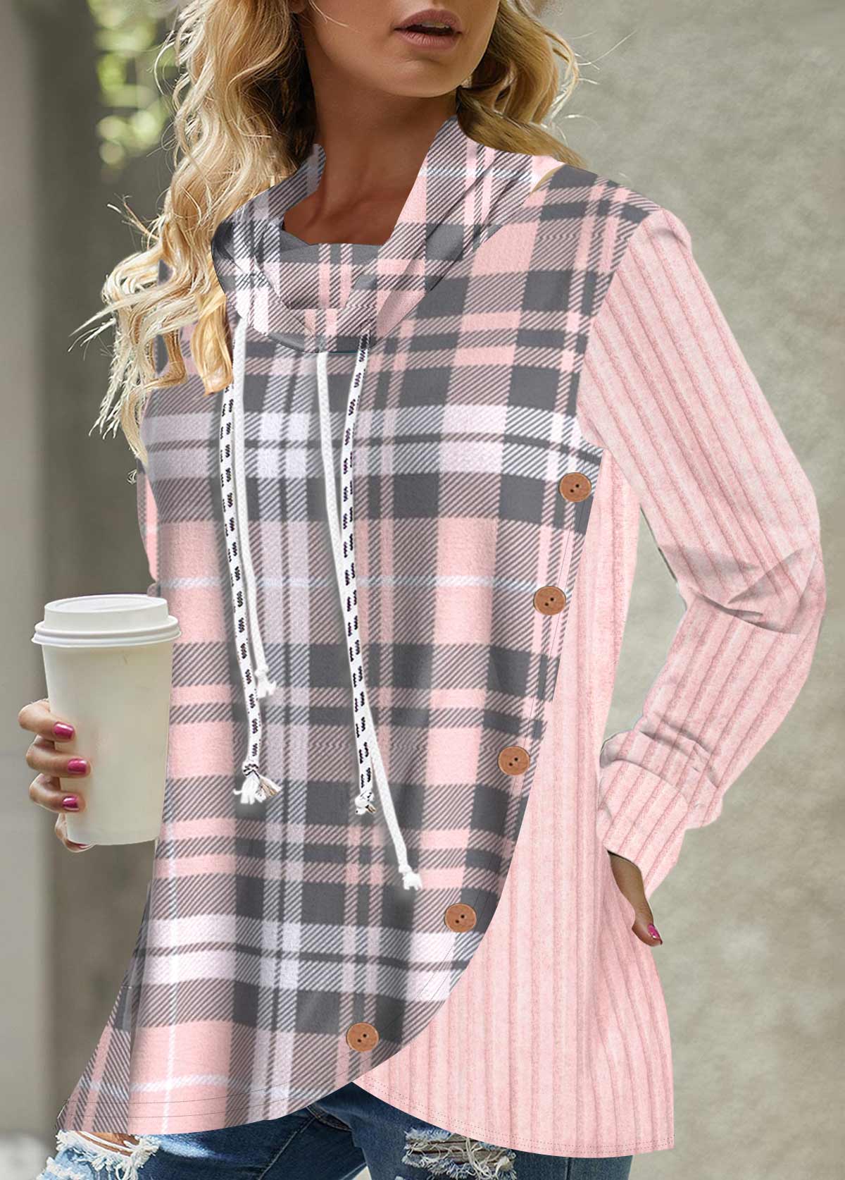 Pink tops,Plaid tops,ROTITA Button Pink Tartan Print Drawstring Sweatshirt