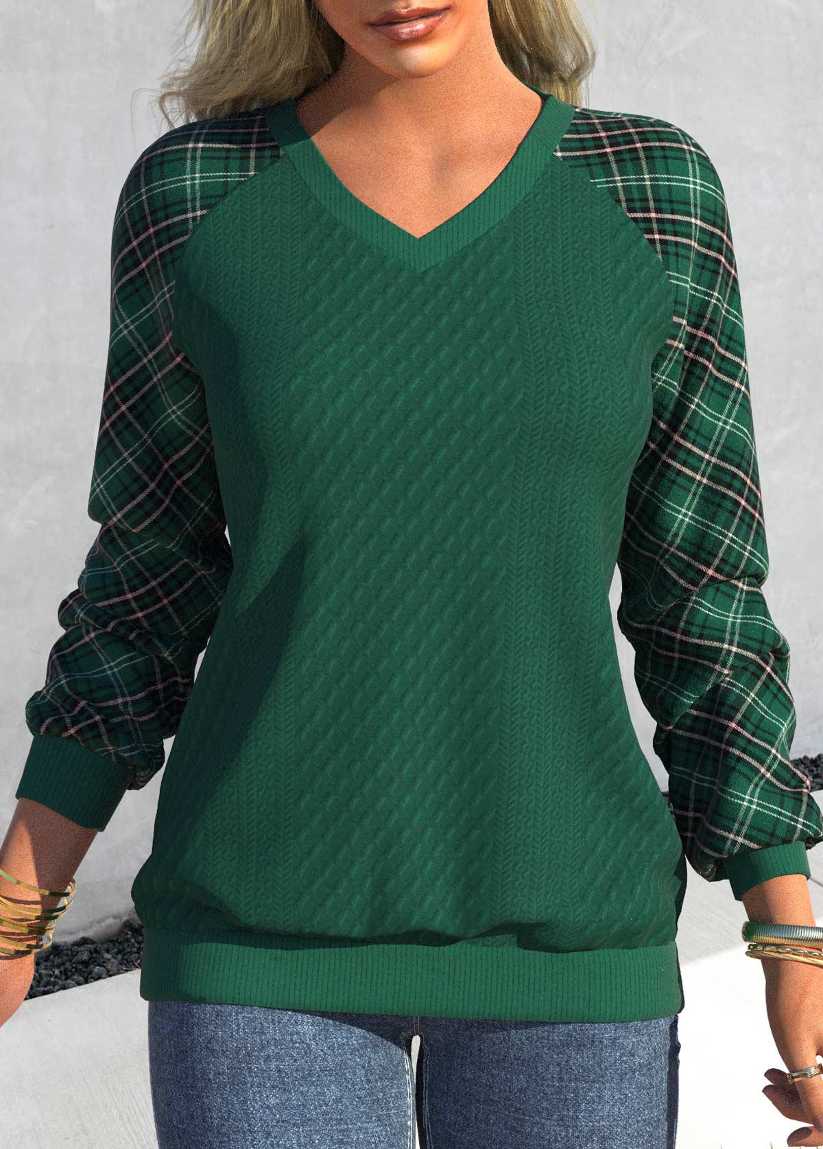 ROTITA Tartan Print Blackish Green V Neck Sweatshirt