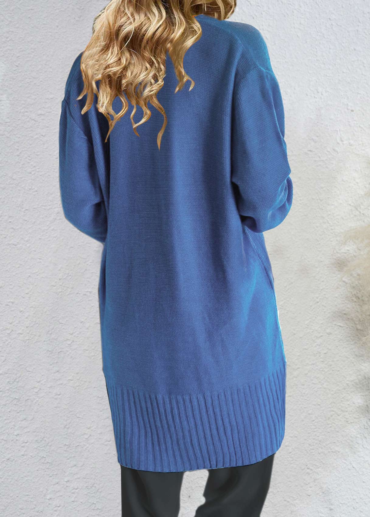 Blue tops,Plain Color tops,ROTITA Double Side Pockets Long Sleeve Blue Cardigan