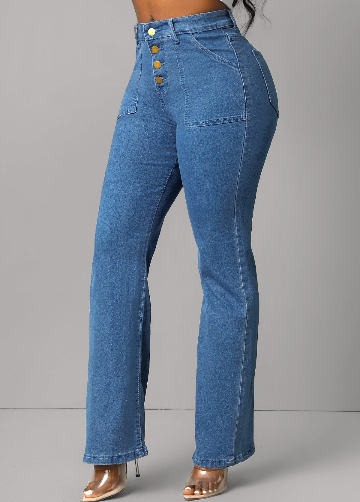 Denim Blue bottoms,Plain Color bottoms,Button Fly Denim Blue Pocket Jeans