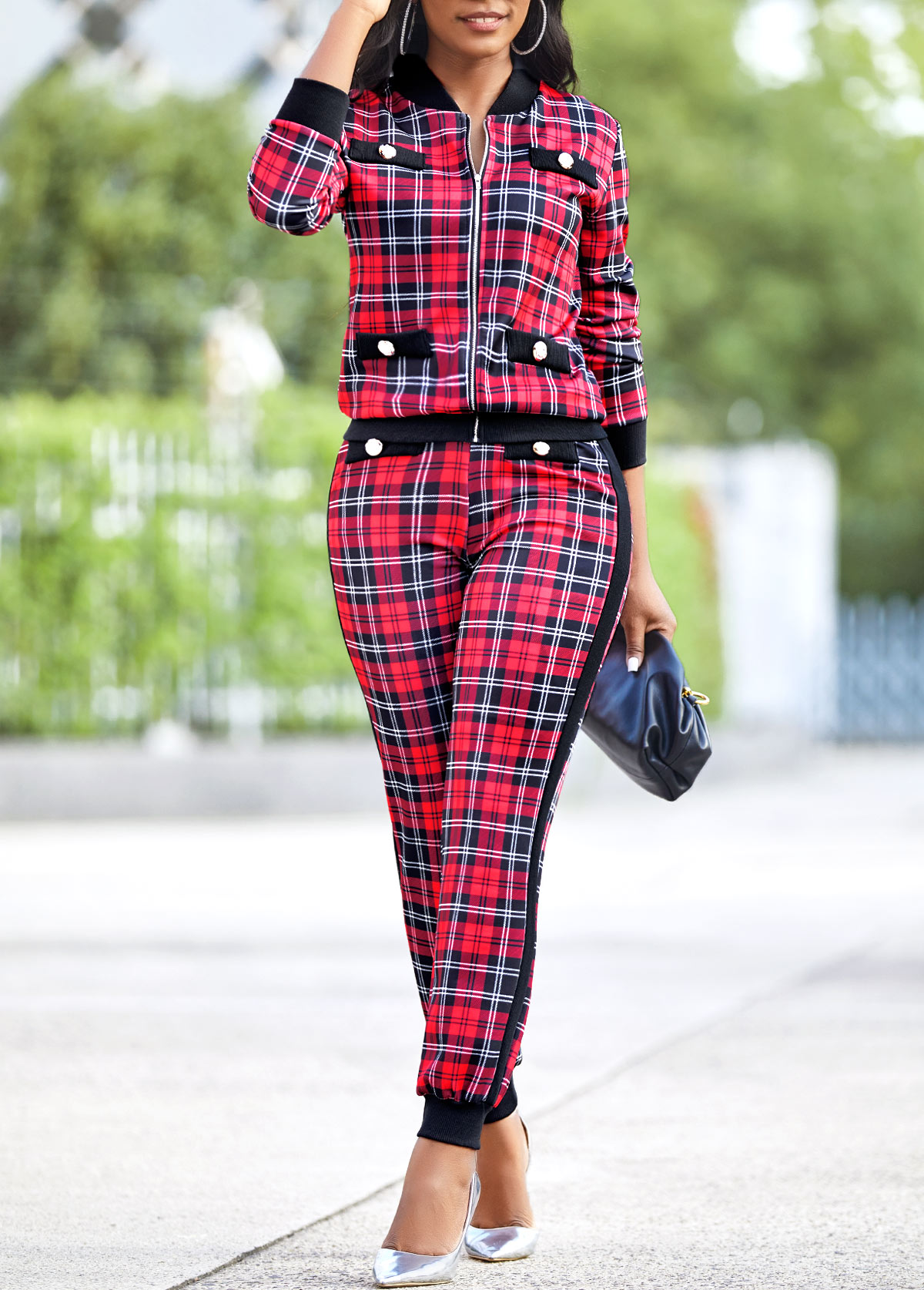 Red jumpsuits & rompers,Plaid jumpsuits & rompers,Red Long Sleeve Plaid Zipper Sweatsuit Set