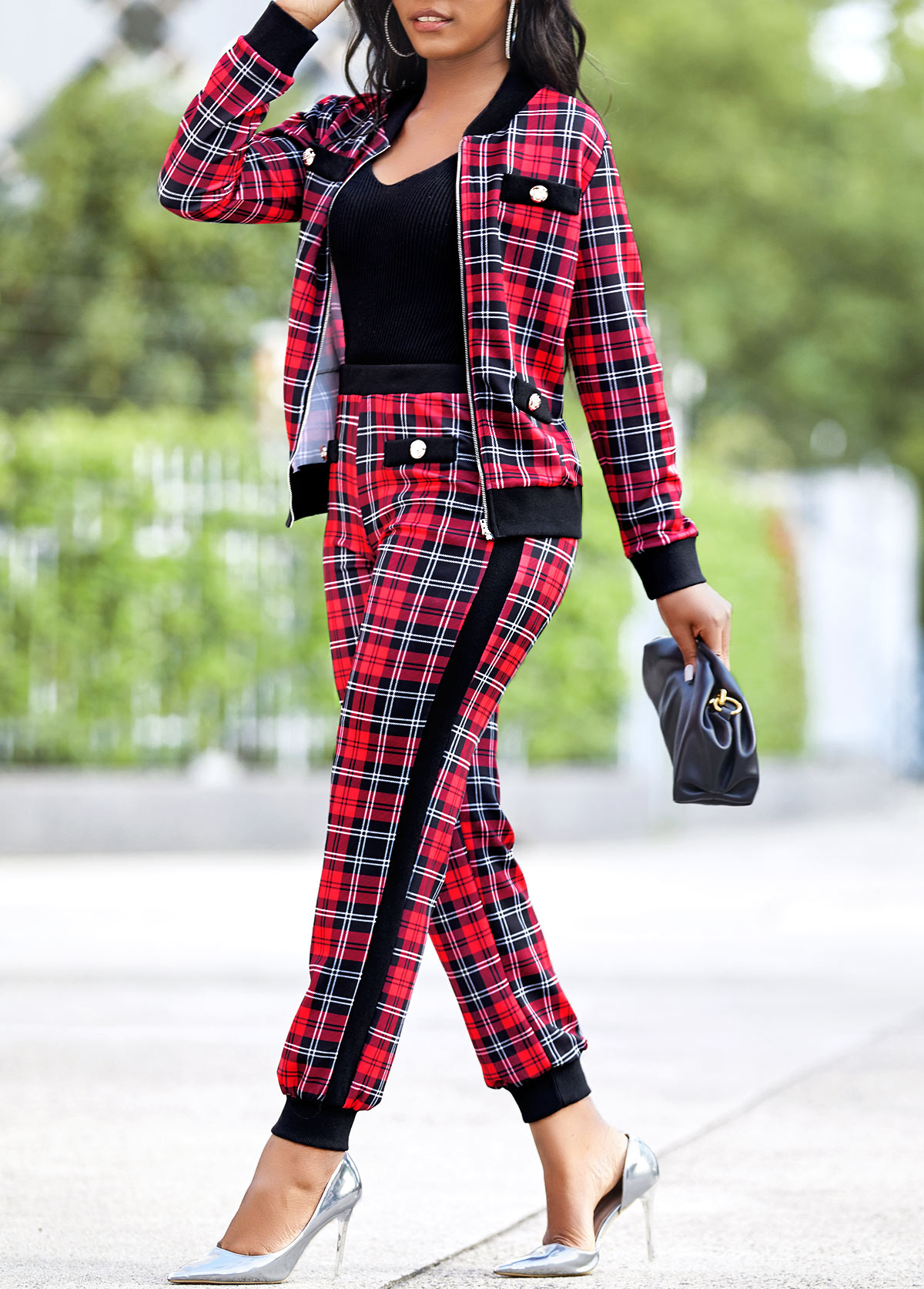 Red jumpsuits & rompers,Plaid jumpsuits & rompers,Red Long Sleeve Plaid Zipper Sweatsuit Set