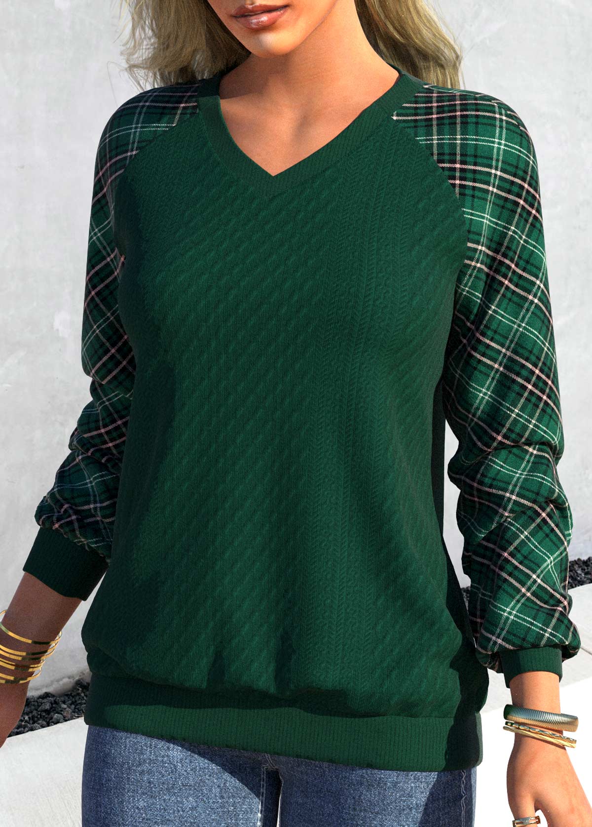 Blackish Green plus size,Plaid plus size,ROTITA Plus Size Tartan Print Blackish Green V Neck Sweatshirt