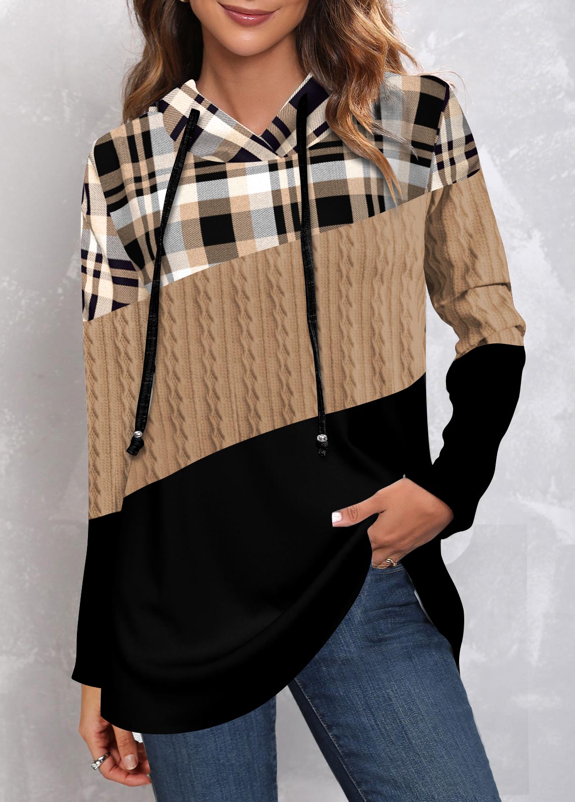 Light Camel plus size,Plaid plus size,Geometric plus size,ROTITA Plus Size Twisted Tartan Print Light Camel Hoodie