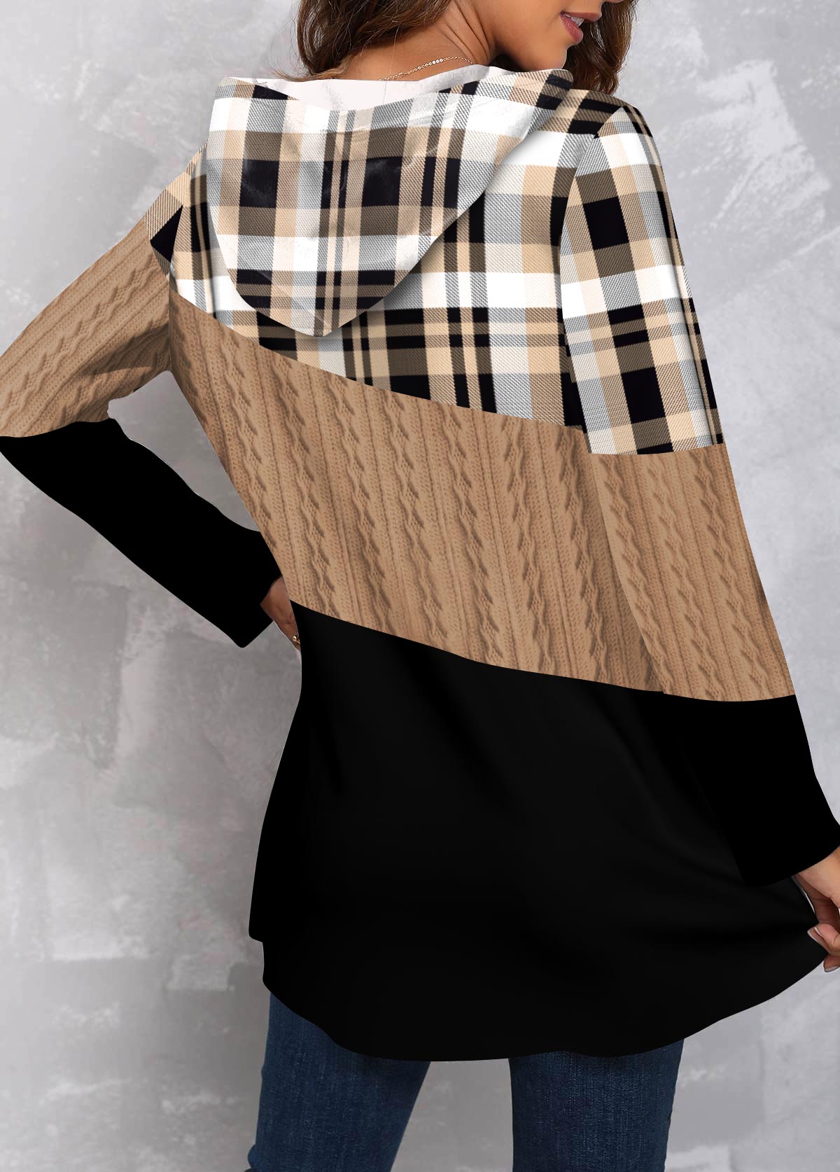 Light Camel plus size,Plaid plus size,Geometric plus size,ROTITA Plus Size Twisted Tartan Print Light Camel Hoodie