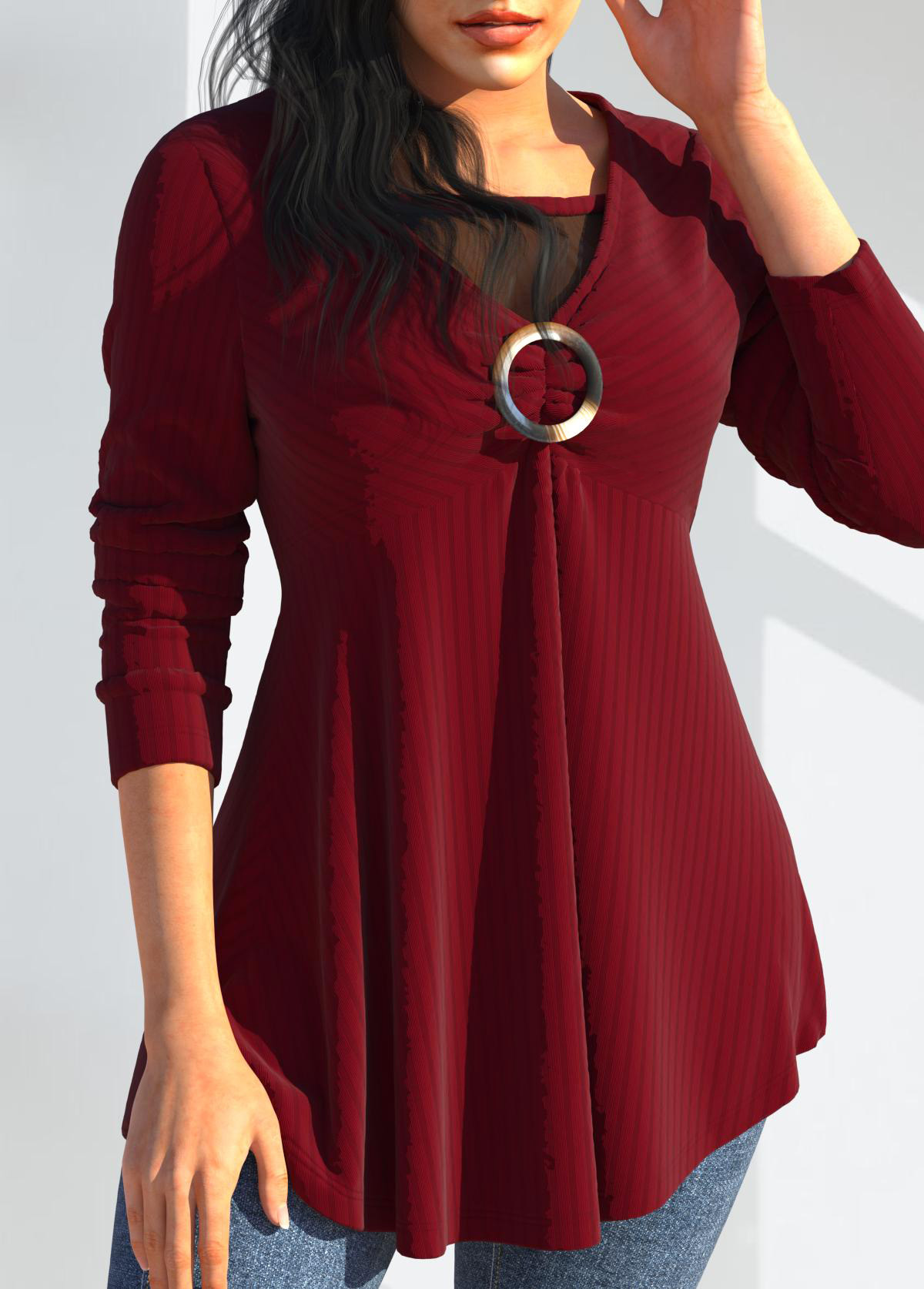 Wine Red tops,Plain Color tops,ROTITA Mesh Stitching Wine Red Long Sleeve T Shirt