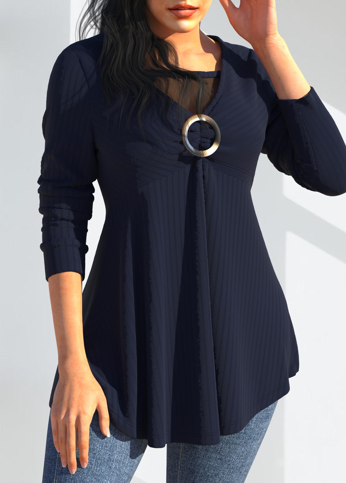 Navy tops,Plain Color tops,ROTITA Mesh Stitching Navy Long Sleeve V Neck T Shirt