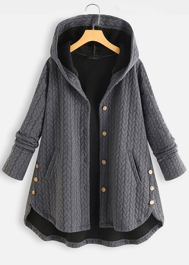 Grey outerwear & coats,Plain Color outerwear & coats,ROTITA Pocket Grey Hooded Long Sleeve Coat